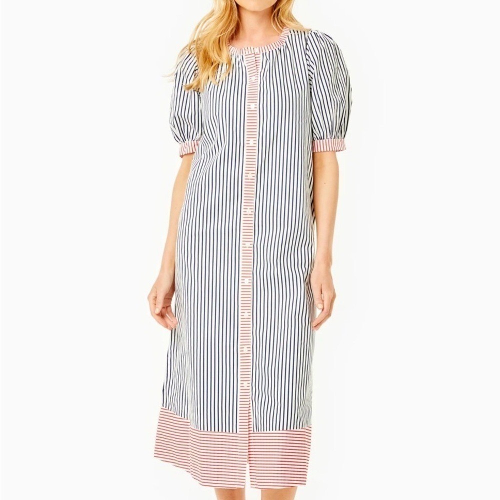 NEW ADDISON BAY Navy Americana Cabana Dress Nautical Coastal Midi SMALL $158 USA